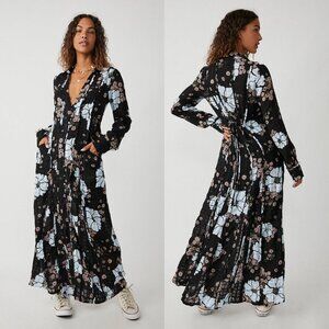Free People Floral Black and Blue Back At It Maxi Dress XS